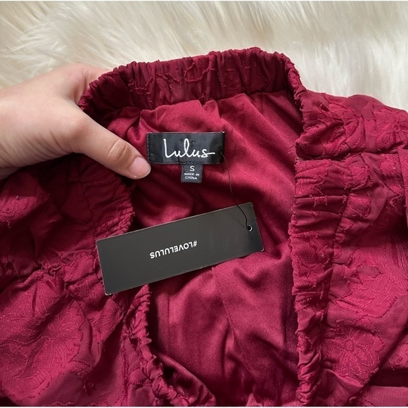 LULU’S Stealing Hearts Wine Red Jacquard Ruched Mini Skirt - Picture 6 of 6